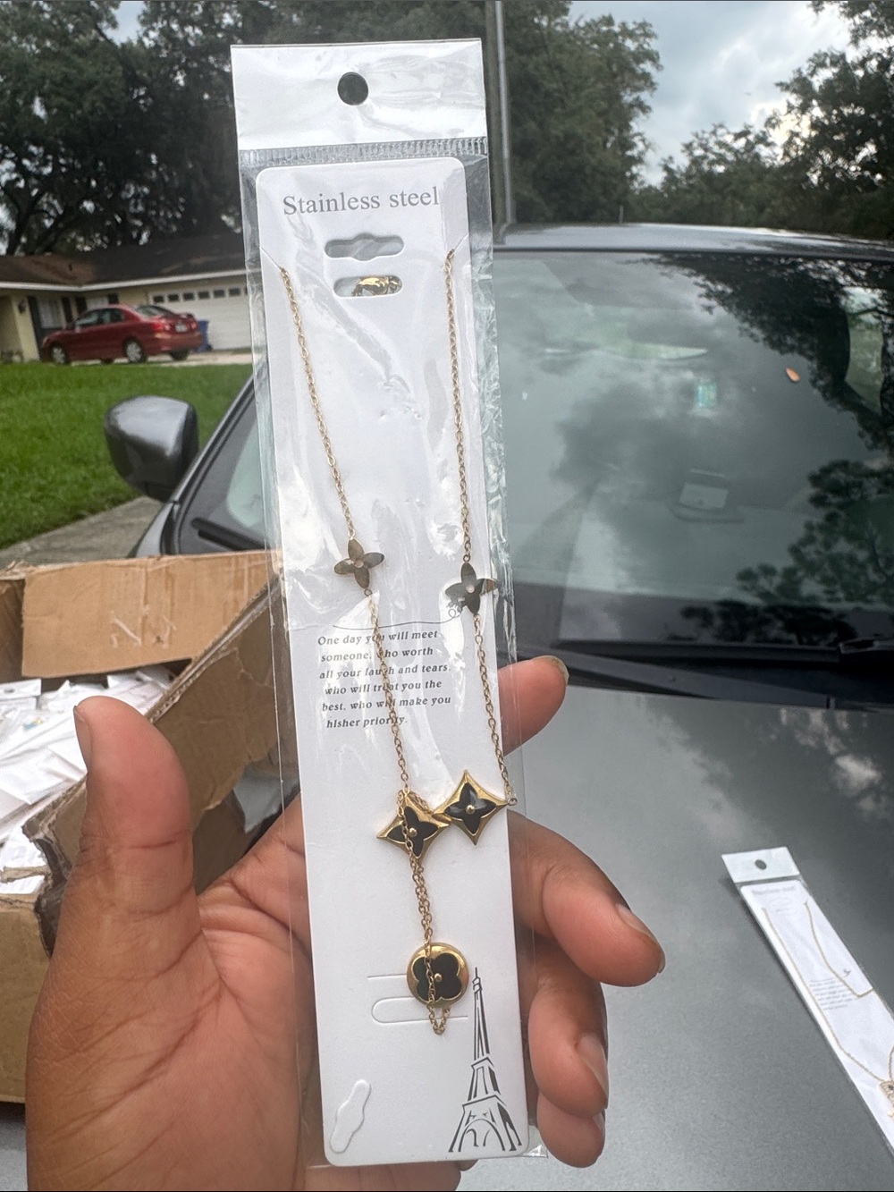 Gold and Black Stainless Steel Long Pendant Necklace